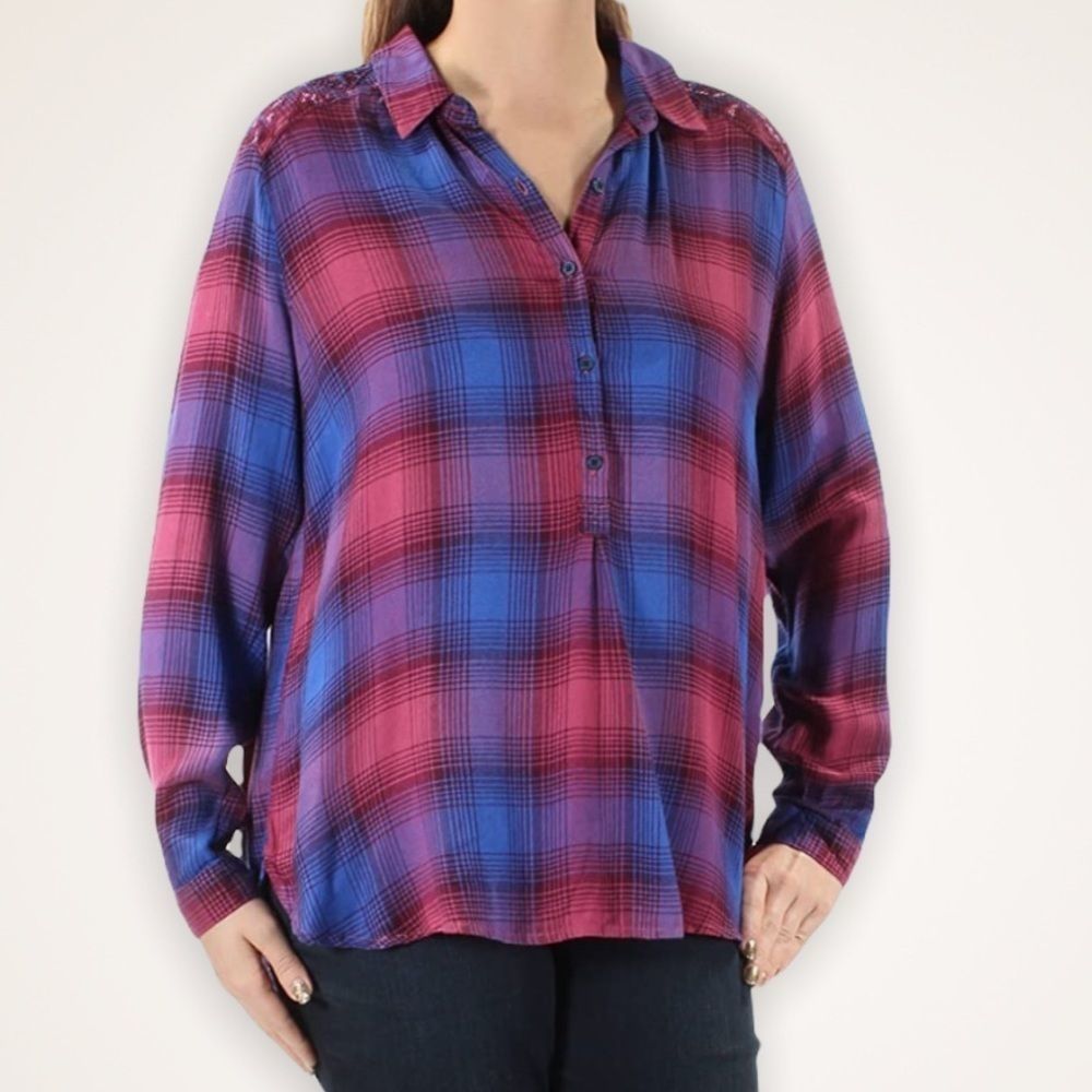 LUCKY BRAND Boho Embroidered Plaid Tunic Shirt